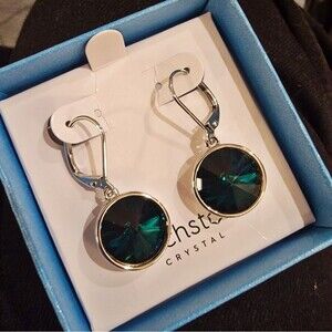 #Touchstone Crystal #Lulu Earrings, Green, Leverback, Rhodium Plate 1" #NIB #NWT